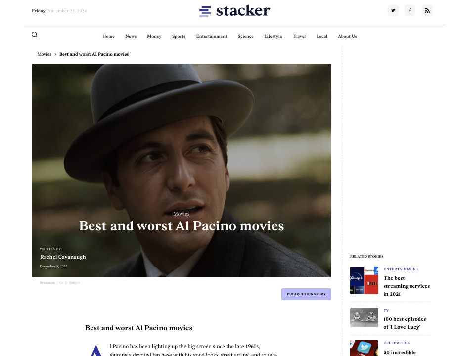 A photo of Al Pacino as pictured on the Stacker news website.